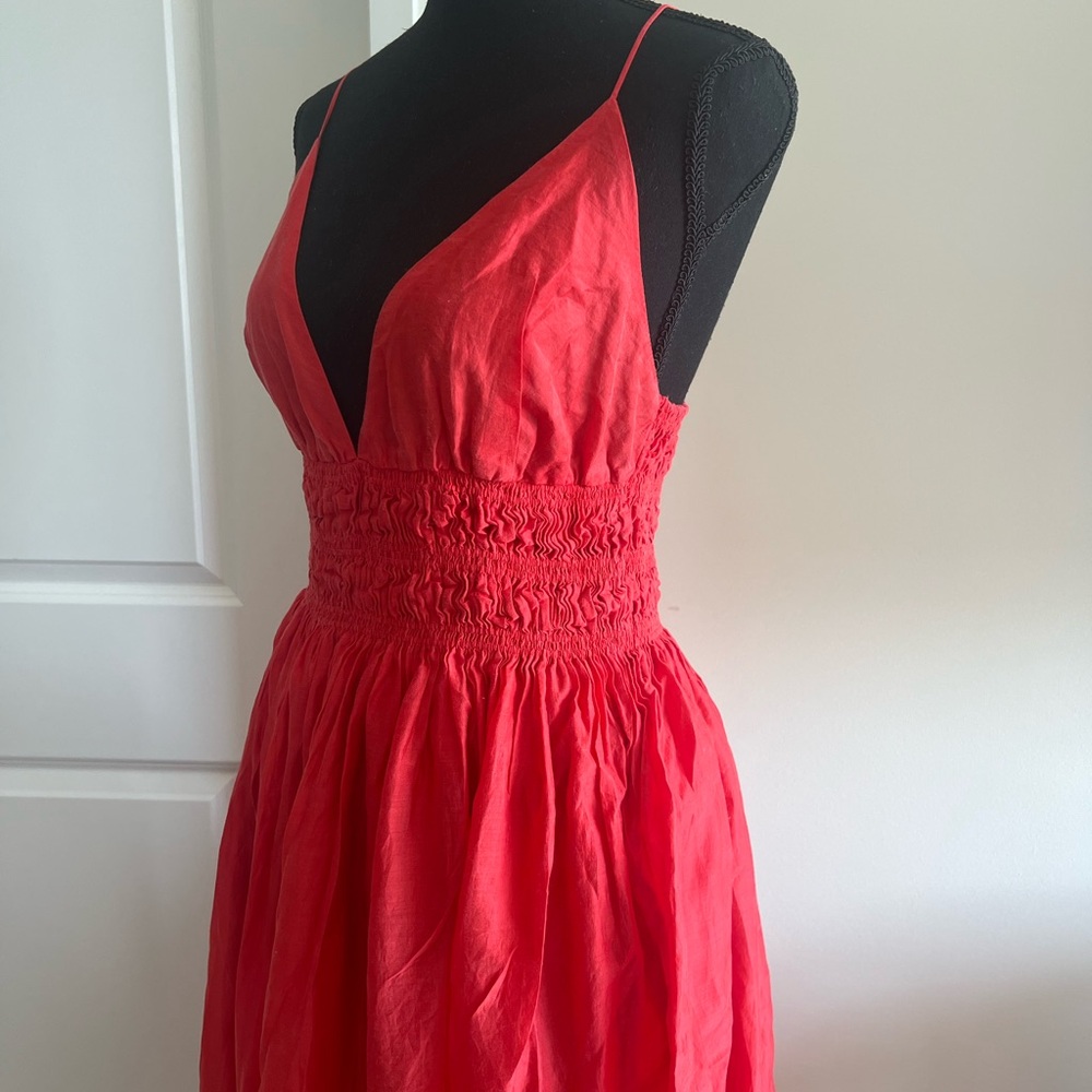 Red Sleeveless Dress with Smocked Waist